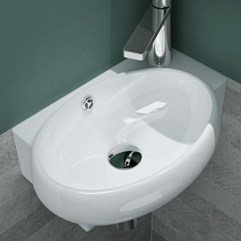 Mai & Mai Waschbecken Gäste WC Aufsatzwaschbecken Hängewaschbecken aus Keramik mit NANO, BTH: 42x28x15cm, in weiß, Armaturenloch Rechts Brüssel001L