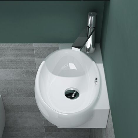 Mai & Mai Waschbecken Gäste WC Aufsatzwaschbecken Hängewaschbecken aus Keramik mit NANO, BTH: 42x28x15cm, in weiß, Armaturenloch Links Brüssel001R