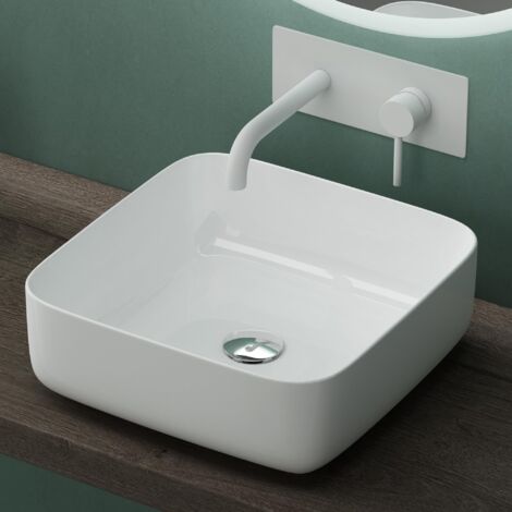 Mai & Mai Waschbecken Aufsatzwaschbecken BTH: 38,5x38,5x14cm Waschtisch aus Keramik in Weiß rechteckig mit Nano-Beschichtung/Lotus-Effekt Brüssel106 (1/5)
