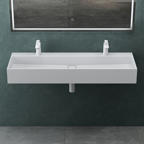 Mai & Mai Waschbecken Aufsatzwaschbecken Hängewaschbecken aus Mineralguss 120x40x12cm in matt Weiß mit 2 Armaturenlöcher Col6028