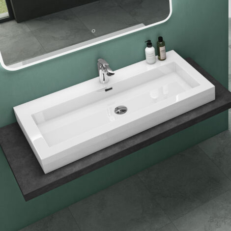 Mai & Mai Waschbecken Col18 Hängewaschtisch Aufsatzwaschbecken Mineralguss Weiß 1 Armaturenloch rechteckig Breite: 90 cm