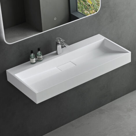 Mai & Mai Waschbecken Weiß Matt Aufsatzwaschbecken Hängewaschbecken Hängewaschtisch inkl. Ablaufgarnitur Mineralguss Rechteckig Waschplatz 1 Armaturenloch Breite: 70cm