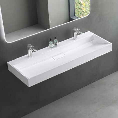 Mai & Mai Waschbecken Weiß Aufsatzwaschbecken Hängewaschtisch inkl. Ablaufgarnitur Mineralguss Rechteckig Waschplatz 2-Armaturenloch Breite: 120cm