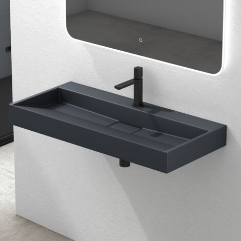 Mai & Mai Waschbecken Matt Anthrazit Aufsatzwaschbecken Hängewaschbecken Hängewaschtisch inkl. Ablaufgarnitur Mineralguss Rechteckig Waschplatz 1 Armaturenloch Breite: 60cm (1/5)