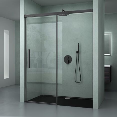 Mai & Mai Duschtür Nischentür dusche Duschabtrennung Duschkabine 140x195cm Schwarz Nischenschiebetür 6mm ESG-Sicherheitsglas inkl. Soft-Close Teramo12K