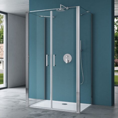 Mai & Mai Duschkabine U-Form Duschabtrennung 80x100 Duschkabine Aluminiumrahmen mit Duschtasse ESG-Sicherheitsglas Klarglas Doppeltüre Ravenna66UK