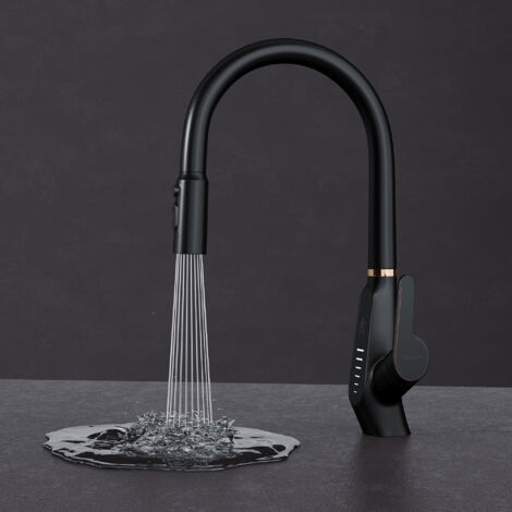 Mai & Mai Wasserhahn Küche Küchenamatur ausziehbar 360° drehbar 3 Wasserstrahl-Modi LED-Digitalanzeige Küchenwasserhahn Spültischarmatur Schwarz MS-8085