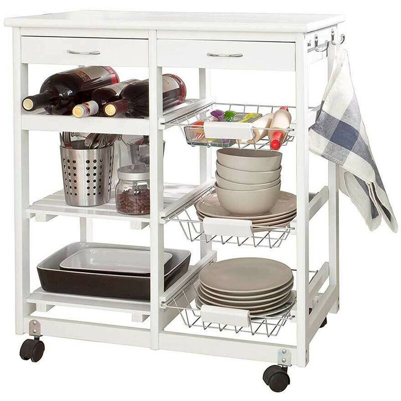 Carrello Cucina Legno Bambu 2 Cassetti Portaposate Portabottiglie 4  Scomparti