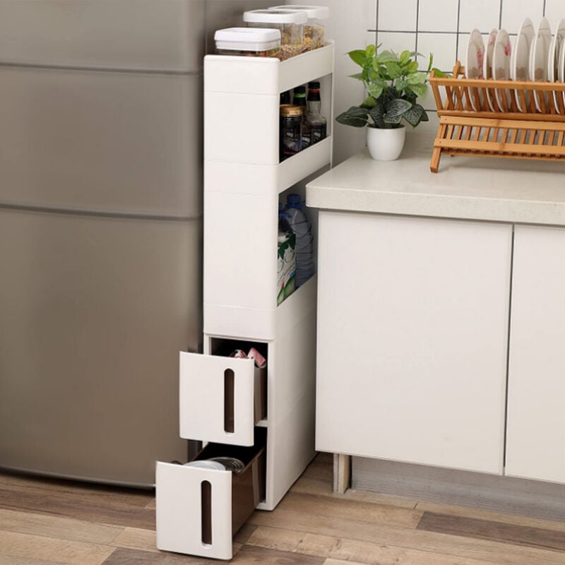 SONGMICS Carrello Stretto con 4 Cassetti, Scaffale Salvaspazio da Cucina o  Bagno, Scaffale multiuso, con Rotelle, Altezza di 89 cm, Bianco KFR05W