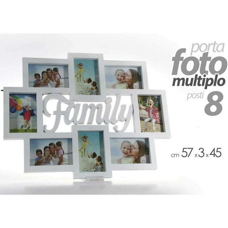 Cornice Portafoto Da Parete Con 8 Porta Foto 10x15 e Scritta Family Bianco