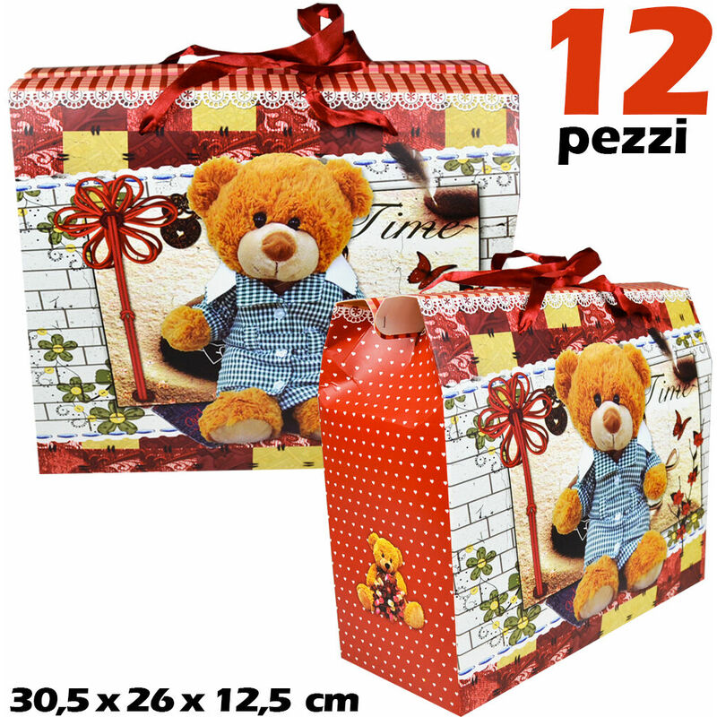 Buste Sacchetti Regalo Borsetta con Orsetto in Cartoncino 30x26x12 cm (12  Pezzi)