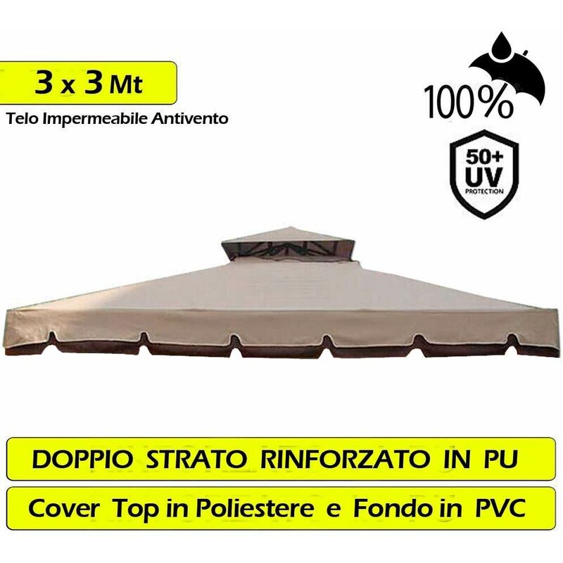 Telo Di Ricambio Per Gazebo 3x3 Metri - Ecrù, Poliestere Idrorepellente 160 Gr/mq, Con Sfiato - Foto 4