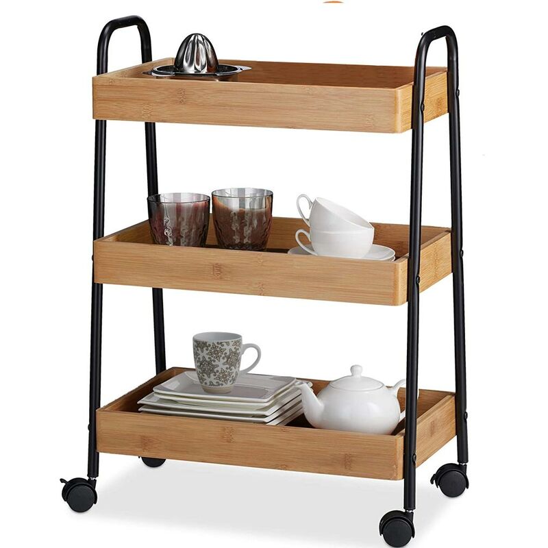 Carrello Trolley Cucina in Metallo 3 Ripiani in legno 4 Ruote Salvaspazio  Nero