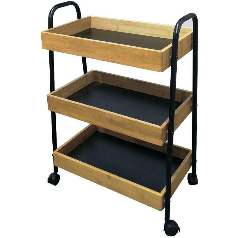 Carrello Trolley Cucina in Metallo 3 Ripiani in legno 4 Ruote Salvaspazio  Nero