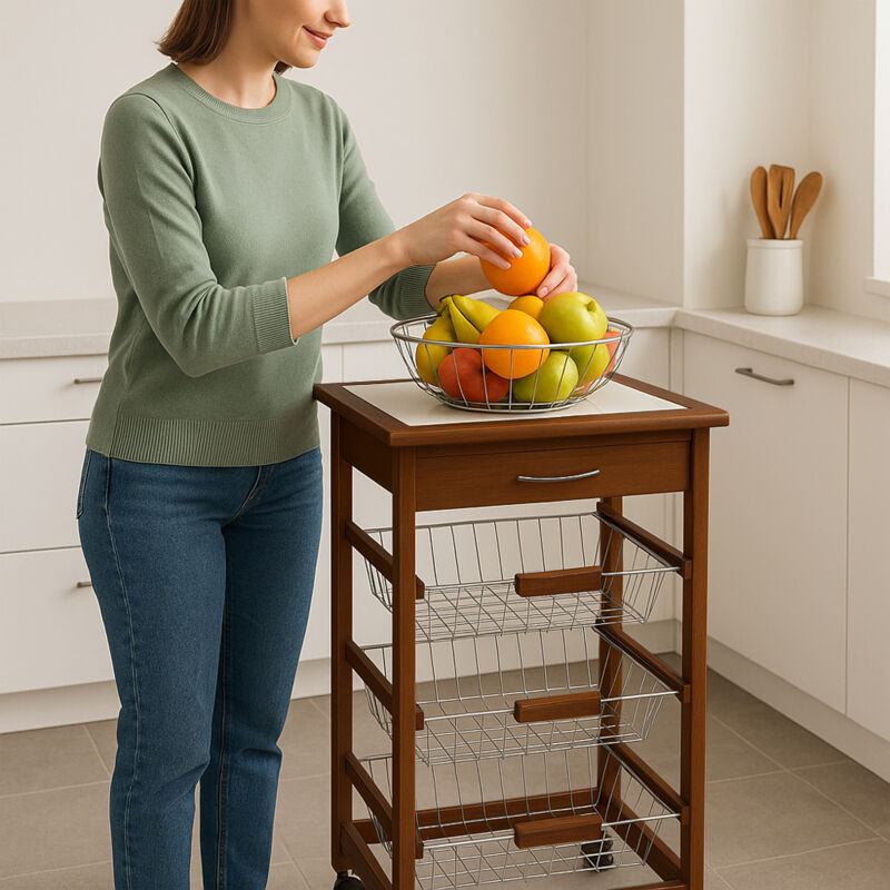 Carrello Da Cucina In Legno MDF Bianco Con 3 Cestelli In Acciaio - 37x76 Cm, Con Piano In Ceramica, Cassetto E Ruote Girevoli