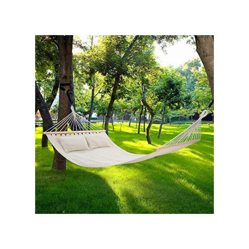 Amaca Da Giardino 150x200 Cm In Rete Di Cotone Bianco Con Stecche In Legno