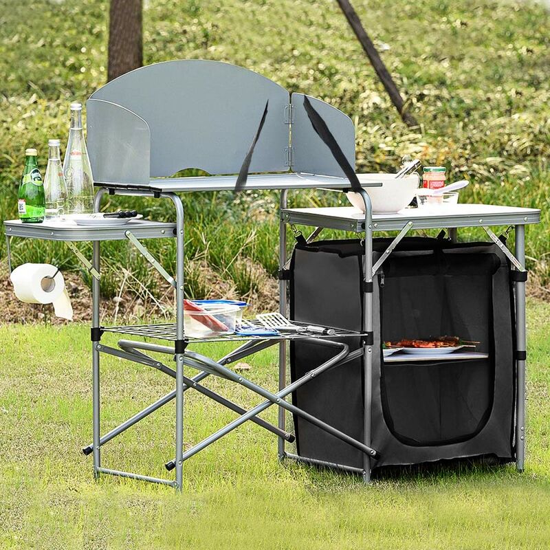 Relaxdays Cucina Da Campeggio Pieghevole, Mobiletto Camping Con Custodia Struttura In Alluminio Outdoor Bianco Grigio 84721945