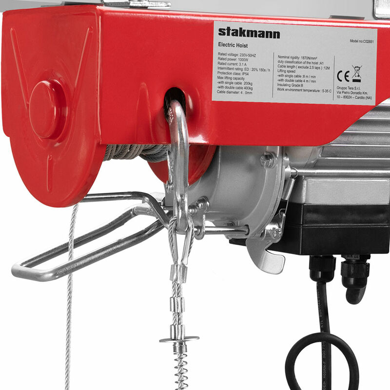 Paranco Elettrico Ribimex 100/200 Kg - Motore 480W, Cavo Acciaio 12m, Per Officina E Casa