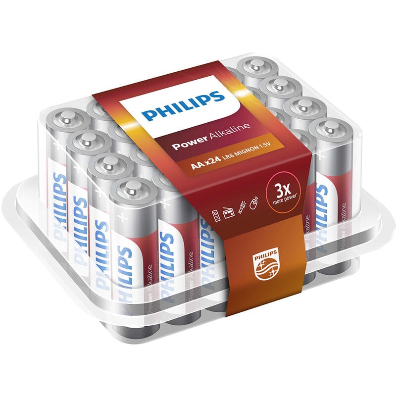 Confezione 24 Batterie Alcaline Philips Powerlife AA Stilo Pile Monouso 1,5  V