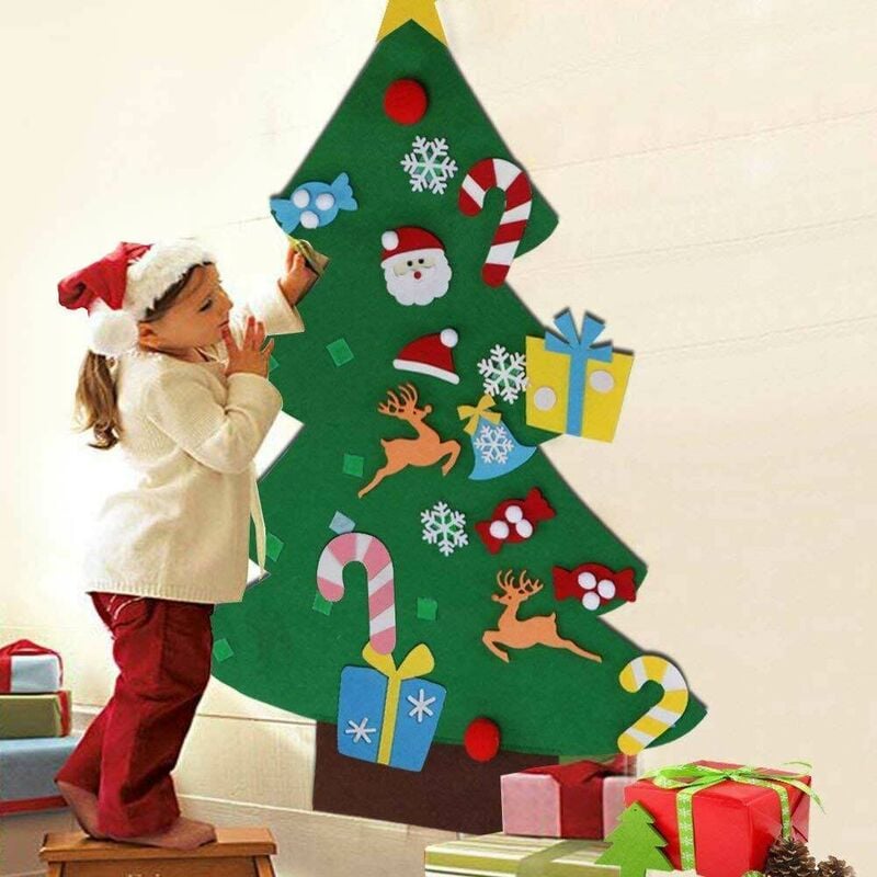 Albero di Natale in Feltro Albero di Natale Fai da Te per Bambini con 33 Ornamenti e Luci Stringa Albero di Natale Staccabile Albero di Natale da Appendere al Muro per Più Piccoli Bambini