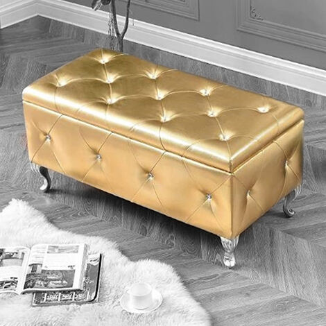 BAKAJI Cassapanca Pouf Contenitore - Ecopelle, Trapuntata Con Cristalli, Gambe Oro, 96x46x43 Cm - Foto 6