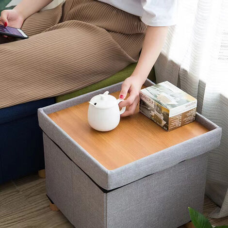 Pouf Contenitore Pieghevole A Coste In Lino, Ottomana Con Interno Vuoto, Sgabello Poggiapiedi E Scatola Portagiocattoli, Beige Visone, 38x38 Cm