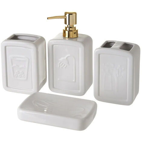 Set 4 Pezzi da Bagno Ceramica Dispenser Porta Spazzolini Bicchiere e Portasapone