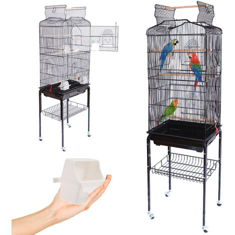 Gabbia Voliera per Uccelli Nera per Pappagalli con Tetto Apribile 46x35x148 cm