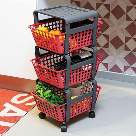 Carrello Portaoggetti Multiuso Rosso 4 Ruote 3 Cassetti Estraibili  41.5x29x75cm