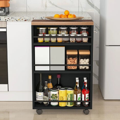 Shally Dogan Carrello Portaoggetti Slim - 4 Ripiani Con Ruote Per Cucina, Bagno O Ufficio, 50x16x80 Cm Nero/Bianco