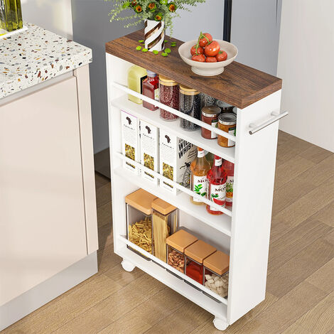 Carrello Portaoggetti da Cucina Slim Salvaspazio Bianco Industrial con 4 Ruote