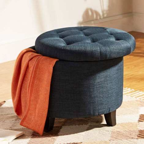 Pouf Contenitore Poggiapiedi in legno e tessuto Blu Sgabello Baule con scomparto (1/5)