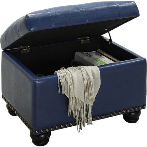 Pouf Contenitore Poggiapiedi in Ecopelle Blu Sgabello con Scomparto Interno