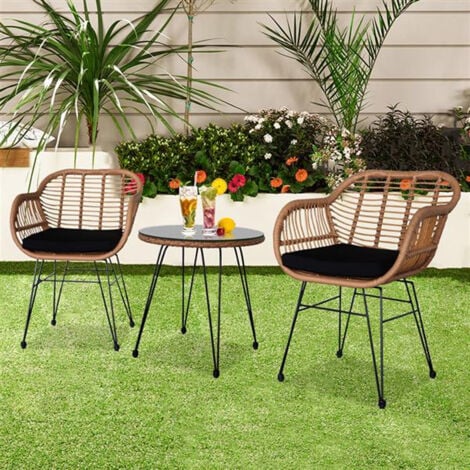 Set Arredo Giardino in Rattan con Tavolino Ripiano in Vetro e