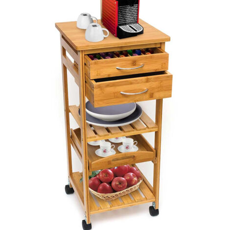 Carrello da Cucina In Legno Bambu 3 Ripiani 2 Cassetti Portaposate Vassoio Ruote