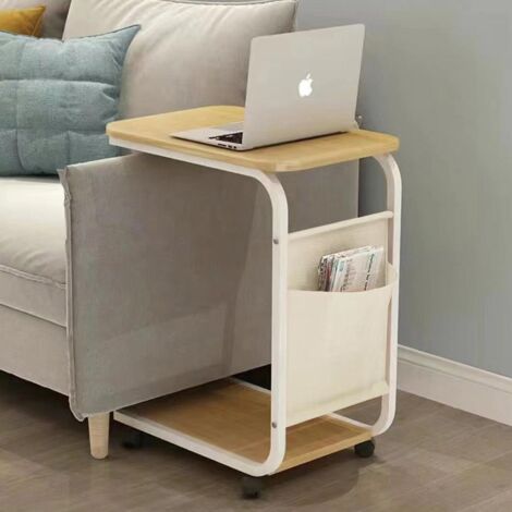 Tavolino Regolabile In Altezza Con Ruote | Piano Girevole 360° E Concavo | Design A Forma Di C Per Divano | Legno Bianco 40x30 Cm
