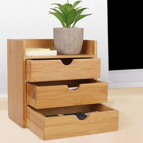 Organizer Portaoggetti Da Scrivania In Legno Bambu Cassettiera 3 Cassetti