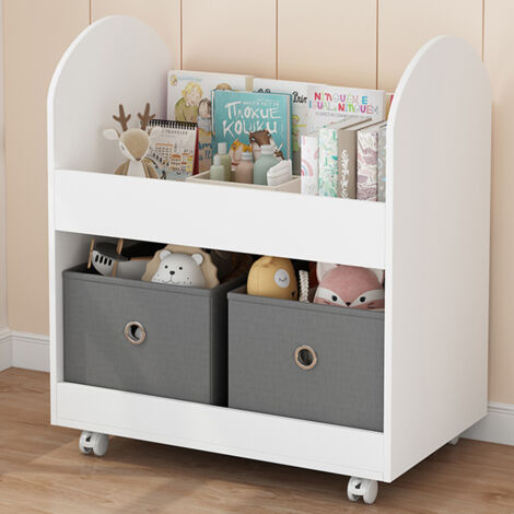 SoBuy Portagiochi Carrello Libreria per Bambini, Organizzatore di Libri a 2 Scomparti con Ruote per Asilo Nido, Bianco, KMB41-W