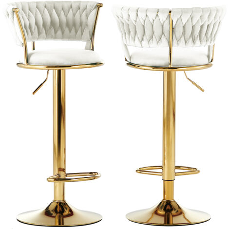 Set 2 Sgabelli Da Bar Regolabili - Rivestimento In Velluto Beige, Schienale Intrecciato, Base Oro, Girevoli - Foto 12