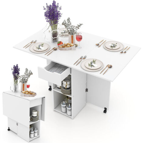 Tavolo da Pranzo Pieghevole Salvaspazio Bianco 2 Ruote Casa Ufficio 120x77x75cm