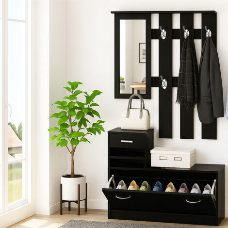 Set Ingresso 4 In 1 HOMCOM Con Appendiabiti, Specchio, Panca E Scarpiera Per 8 Paia Di Scarpe