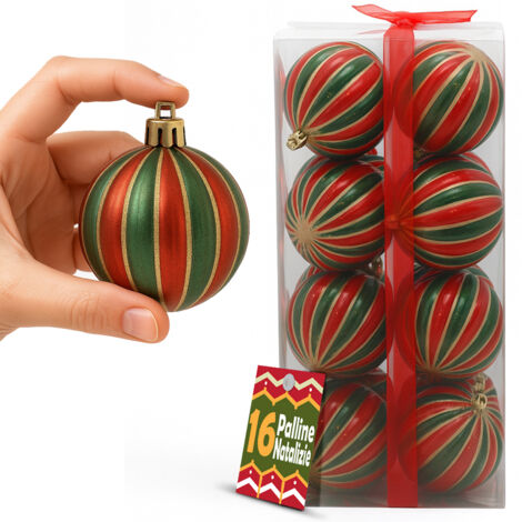 Box 16 Palline di Natale per Albero Sfere Natalizie Addobbo Rosso e Verde da 8cm (1/5)
