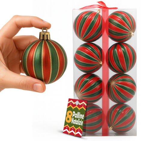 Box 8 Palline di Natale per Albero Sfere Natalizie Addobbo Rosso e Verde da 10cm (1/5)