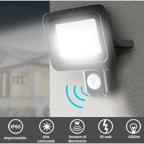 Faro LED 50W Luce Alta Luminosita 4250lm Faretto esterno con Sensore Movimento
