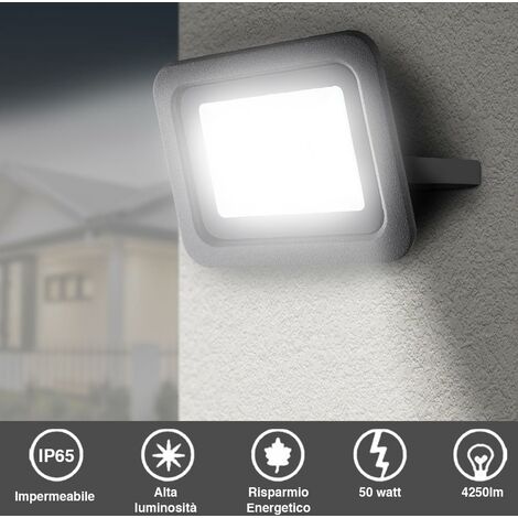Faro Led 50W Luce Alta Luminosita 4250lm Faretto Esterno Slim Bianco Freddo IP65