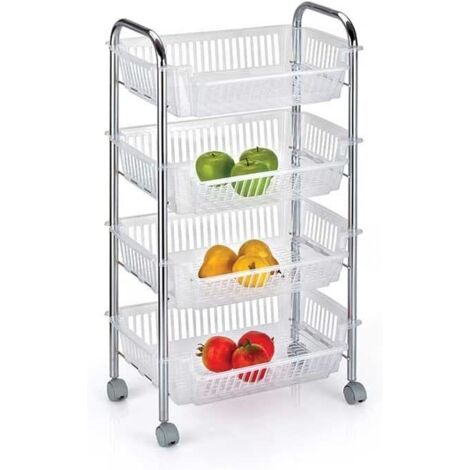 CARRELLO PORTAFRUTTA DA CUCINACON 4 CESTI 28 X 46 X H90 CM COLORE BIANCO ARGENTO
