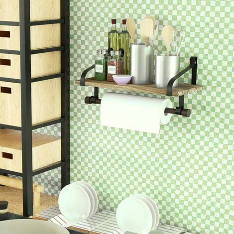 Mensola da Parete Legno e Metallo Design Moderno con Asta e Ganci Bagno  Cucina