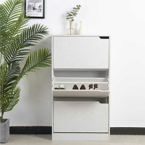 Scarpiera 3 Ante Ripiani Doppia Profondita Legno MDF 63x24x115 Bianco Frassinato