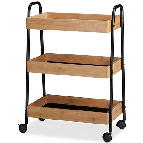 Carrello Trolley Cucina in Metallo 3 Ripiani in legno 4 Ruote Salvaspazio Nero