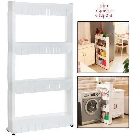 Carrello Di Stoccaggio Sottile A 4 Ripiani Con Ruote - Bianco, Per Spazi Stretti In Cucina, Bagno, Lavanderia
